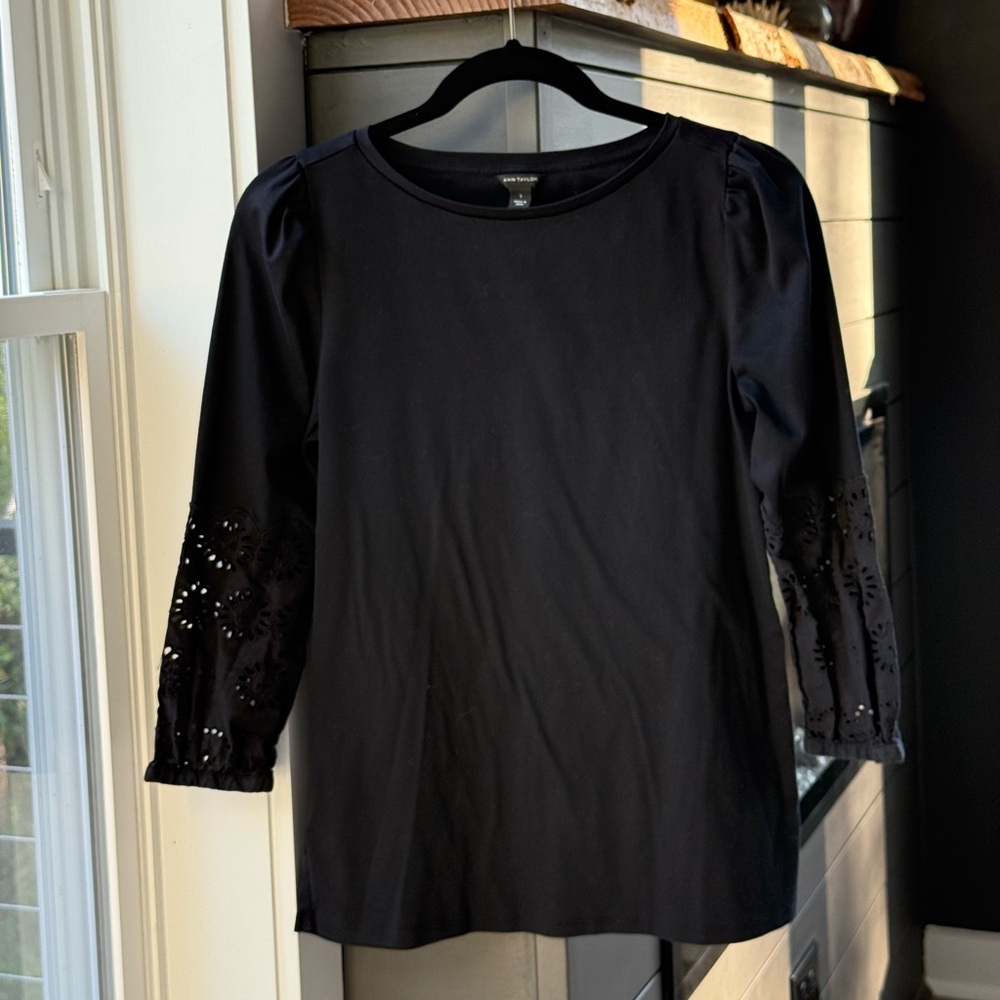 Ann Taylor Black Blouse with Lace Sleeves